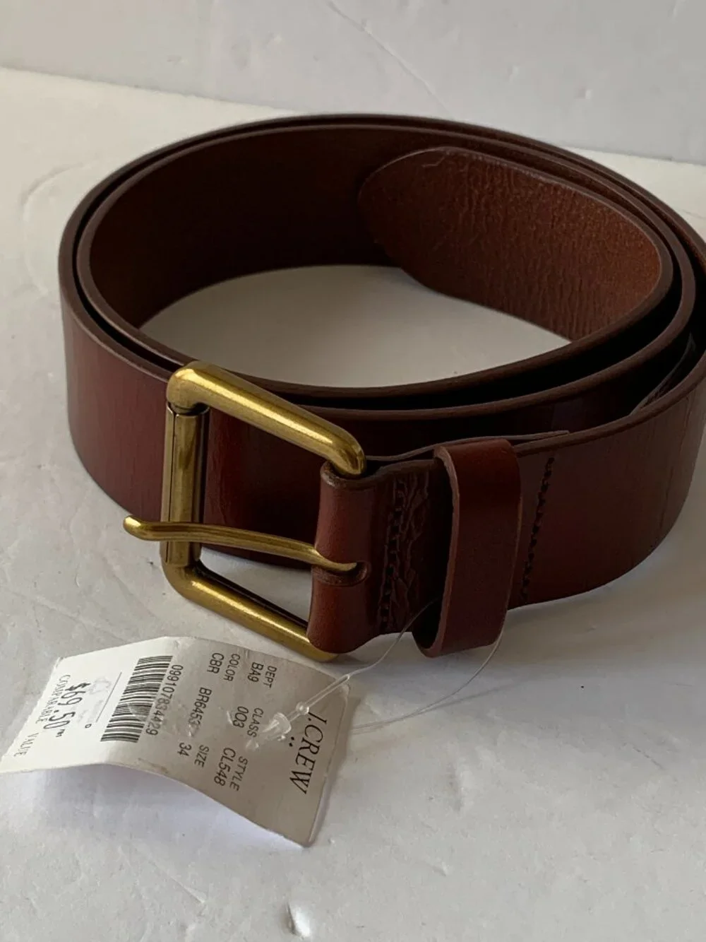J.Crew Belt Men 34 Classic Brown Leather Brass Gold Buckle CL548 Casual Reddish